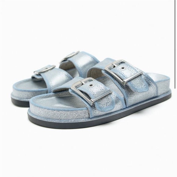 Zara Blue/Silver Denim Buckled Flat Sandals - Picture 1 of 13